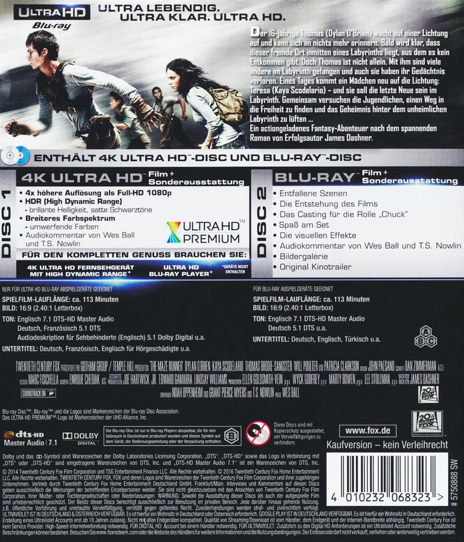 Maze Runner 1 - Die Auserwählten im Labyrinth (4K Ultra HD) (+ Blu-ray)
